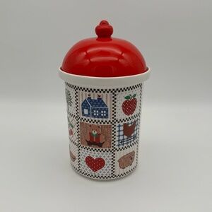 Vintage Decorative Canister w Red Dome Lid with Country Patchwork Themed Motif
